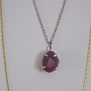 Earthy Rough Cut Magenta Purple Rock Mineral Geode Slice Layered 2 Strand Pewter Goldtone chain Necklace image 2