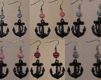 Pirate Booty Striped Nautical Rockabilly Earrings - Black Anchor with Bead (Navy Blue, Red, Pink, White Black Stripe)