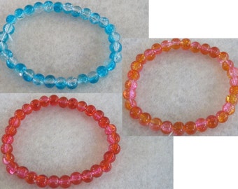 Ombre neon tie dye gradient crackle fissure glass beaded bracelet - Calypso blue, Brazilian orange & hot pink, Miami red and flamingo pink