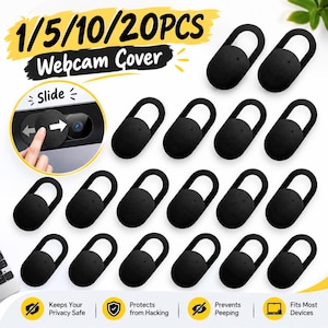 May include: A set of black sliding webcam covers featuring a circular design with a small hole. The image includes the text 1/5/10/20PCS Webcam Cover and Slide, along with icons and text indicating privacy protection, anti-hacking, and device compatibility.