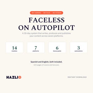 Peut inclure: Un graphique de cours numérique intitulé Faceless on Autopilot, présentant un système de 30 jours, 14 modules, 7 plateformes, 6 packs bonus, 3 automatisations et 323 pages. Le texte inclut Spanish and English, both included, et la marque Hazlio.