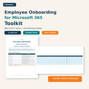 May include: An employee onboarding toolkit for Microsoft 365 featuring a 12-page PDF, editable Word document, and Excel tracker. The digital files include a new hire IT setup and provisioning tracker with a structured checklist and data table.