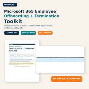 May include: A Microsoft 365 Employee Offboarding and Termination Toolkit digital product featuring a 12-page PDF, editable Word document, and Excel tracker. The display shows the title, descriptive text, and previews of the document pages.