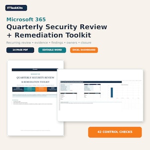 Peut inclure: Un kit d'outils de revue de sécurité trimestrielle et de remédiation Microsoft 365 comprenant un PDF de 14 pages, un document Word modifiable et un tableau de bord Excel. Le kit inclut 42 contrôles pour les revues, preuves et conclusions.