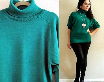 80s - Jade Dream - Jade Green Slouchy Oversized Comfy Lightweight Pullover Turtleneck Sweater with Long Sleeves - Size S M L