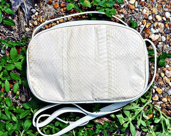VTG- Beautiful, Vintage 1970s- Early 1980s, Off White, Crossbody, Genuine Snakeskin, Three Sectioned Handbag by Aspects, Snake skin