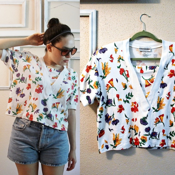 Vtg 80s Floral Print Crop Top Floral 