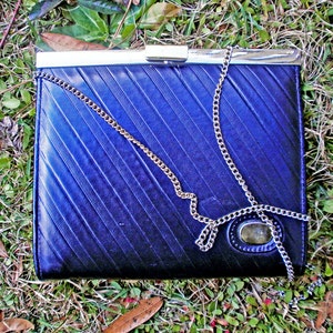 Vtg 60s/70s - Black, small, vegan leather, shoulder bag, clutch, evening bag with gold accents and latch closure, faux leather
