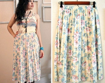 Vtg 80s - Yellow and Floral pleated skirt, Pink flowers, pink and green florals, High Waist, pleated circle skirt - Size S M