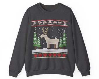 Christmas Sweatshirt, Stag Knit-Look Print, Snowy Pine Forest Deer Crewneck, Festive Winter Sweatshirt, Gift for Deer Lovers