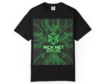 May include: A black short-sleeve t-shirt featuring a central graphic of a bright green circuit board pattern with a geometric node. The text RICK NET GRIDLINE ROUTE THE SIGNAL is printed in green below the central node on a dark checkerboard background.