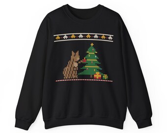Tabby Cat Sweatshirt, Christmas Knit-Look Print, Cat and Bauble Crewneck, Festive Gift for Cat Lovers