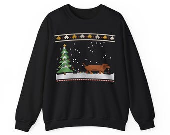 Christmas Sweatshirt, Dachshund Knit-Look Print, Sausage Dog and Christmas Tree Crewneck, Dog Lover Gift, Unisex Winter Sweatshirt