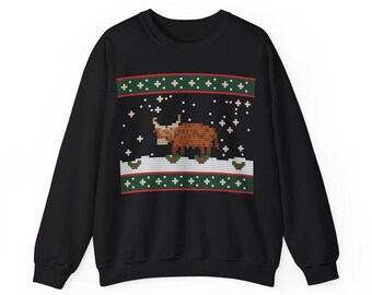 Highland Cow Sweatshirt, Christmas Knit-Look Print, Festive Winter Crewneck, Gift for Highland Cow Lovers