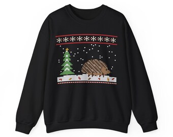 Hedgehog Sweatshirt, Christmas Knit-Look Print, Festive Winter Crewneck, Gift for Hedgehog Lovers