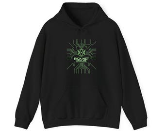 May include: A black hooded sweatshirt featuring a green graphic print on the chest. The design displays a central geometric node connected to circuit board lines, with the text RICK NET GRIDLINE ROUTE THE SIGNAL printed in green.