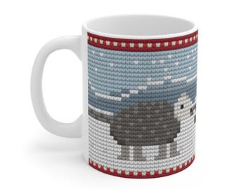 May include: A white ceramic mug featuring a printed pattern that mimics a knitted texture. The design displays a dark gray opossum on a light gray background with white speckles, framed by red and white horizontal bands at the top and bottom.