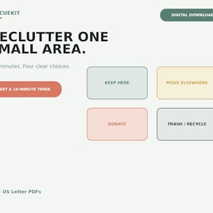 Pode incluir: Um documento digital RescueKit intitulado Declutter One Small Area. Apresenta um botão de temporizador de 10 minutos e quatro caixas retangulares rotuladas Keep Here, Move Elsewhere, Donate e Trash / Recycle. Inclui arquivos PDF A4 e US Letter.