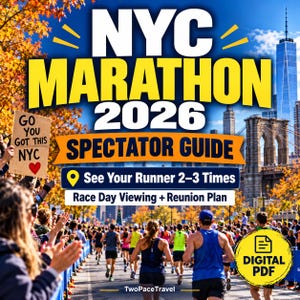 May include: A digital PDF spectator guide for the 2026 NYC Marathon. The graphic features bold yellow and white text, a map pin icon, and the phrases See Your Runner 2-3 Times and Race Day Viewing + Reunion Plan over a background of runners.