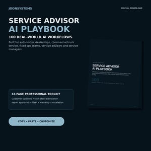 Puede incluir: Una descarga digital titulada Service Advisor AI Playbook, que presenta 100 flujos de trabajo de IA del mundo real para equipos de servicio automotriz y de camiones comerciales. Este kit de herramientas profesional de 63 páginas incluye actualizaciones de clientes, traducción técnica, aprobaciones de reparación, flota, garantía y escalada, con un botón de copiar, pegar y personalizar.
