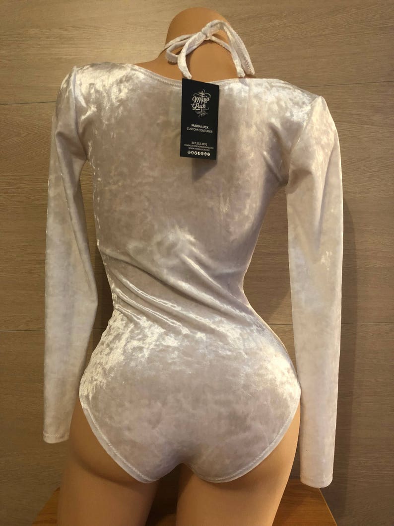White Velvet Open Chest Long Sleeve Leotard and Bikini Top for Etsy