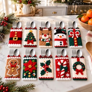 Può includere: Dieci portaposate rettangolari all'uncinetto con motivi natalizi tra cui un abito da Babbo Natale, un albero di Natale, una renna, un pupazzo di neve, un regalo, un omino di pan di zenzero, una stella di Natale, agrifoglio, bastoncino.