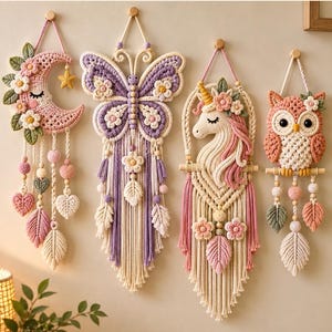 May include: Four macrame wall hangings featuring a crescent moon with flowers, a purple butterfly, a unicorn with a floral mane, and an owl. Each piece is crafted from cream, pink, purple, and green yarn with hanging beads and leaf-shaped tassels.