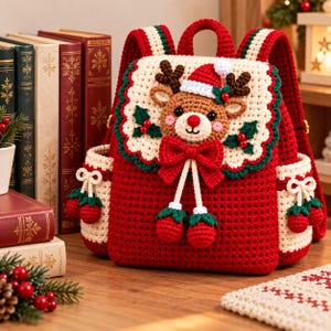 May include: A red and cream crochet backpack featuring a central reindeer face with a Santa hat, a large red bow, and holly berry accents. The bag includes side pockets with small red berry charms and adjustable straps, crafted with a textured yarn finish.