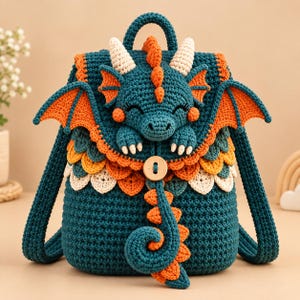 May include: A dark teal crochet backpack featuring a three-dimensional dragon design on the flap. The dragon has orange wings, cream-coloured horns, and a long orange tail. The bag is secured with a single round wooden button and has layered scales.