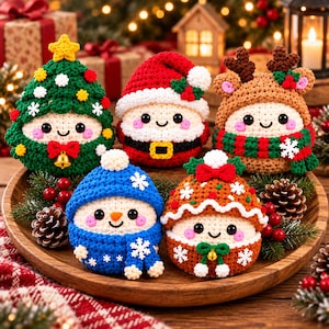 Julklappsvirkmönsterpaket, 5-i-1 Kawaii Holiday Amigurumi PDF (digital nedladdning)
