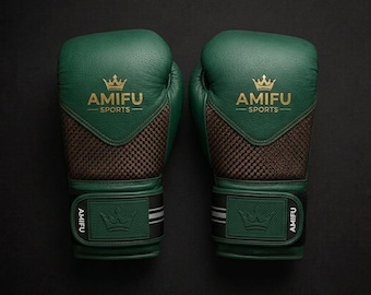 Luvas de boxe em couro verde – Luvas de treino e luta Muay Thai AMIFU Sports