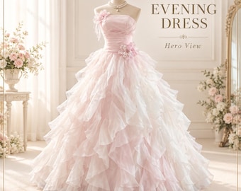 Blush Pink Ball Gown, Strapless Ruffle Evening Dress, Floral Formal Prom Dress, Princess Party Gown, Floor Length Occasion Dress