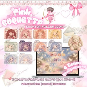 Peut inclure: Une collection numérique de dix icônes de dossier de bureau présentant des personnages illustrés aux cheveux de diverses couleurs, un nœud rose, un cupidon et un lapin en peluche. L'ensemble inclut le texte Pink COQUETTE DESKTOP FOLDER ICONS.