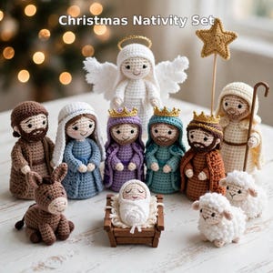 May include: A crochet Christmas Nativity Set featuring figures of an angel, Joseph, Mary, three kings, a shepherd, a baby in a manger, a donkey, and two sheep. The set includes a gold star on a stick and the text Christmas Nativity Set.