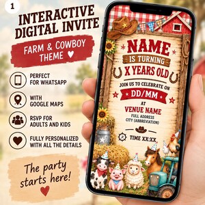 Può includere: Un invito digitale su schermo di smartphone con tema fattoria e cowboy su sfondo di insegna in legno. Il testo recita NAME IS TURNING X YEARS OLD, JOIN US TO CELEBRATE ON DD/MM AT VENUE NAME e TIME XX:XX, con illustrazioni di mucca, maiale, pecora, cavallo e trattore.