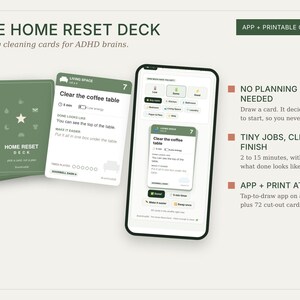 Reinigungskarten für Kinder mit ADHS, App „Home Reset Deck“ + Druckvorlage, 60 kleine Aufgabenkarten, Reinigungsspiel mit geringem Aufwand, Autismus-freundliche Aufgabenkarten