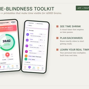 May include: Time-Blindness Toolkit app and printables featuring two smartphone screens displaying a visual timer and a task planning interface. Text includes 'See time, don't guess it', 'See time shrink', 'Plan backwards', and 'Learn your real timings'.