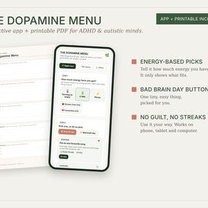Dopamine Menu App + Printable PDF, Energy-Based Activity Picker for ADHD, Autism (Digital Download)
