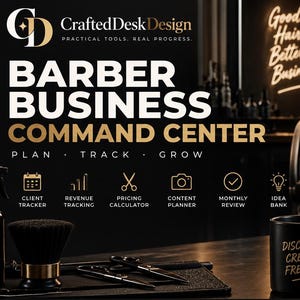 May include: A digital Barber Business Command Center template for Excel and Google Sheets. The graphic features the text Barber Business Command Center, Plan, Track, Grow, and icons for client, revenue, pricing, content, and review tools.