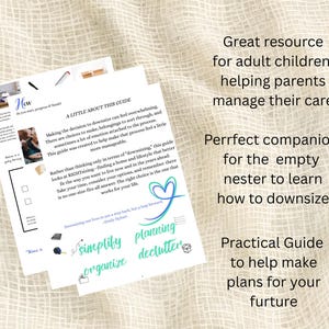 May include: A printed guide titled A LITTLE ABOUT THIS GUIDE with text about downsizing and rightsizing. It features a blue and green heart graphic, the words simplify, planning, organise, and declutter, and small icons of a box, pen, and tape.