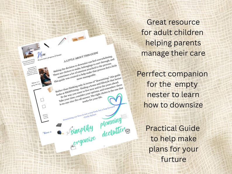 May include: A printed guide titled A LITTLE ABOUT THIS GUIDE with text about downsizing and rightsizing. It features a blue and green heart graphic, the words simplify, planning, organise, and declutter, and small icons of a box, pen, and tape.