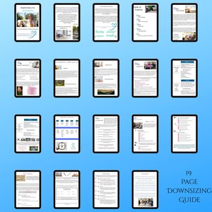May include: A 19-page digital downsizing guide presented as a grid of individual page previews. Each page features black text on a white background, including various headings, bulleted lists, and small photographic illustrations throughout the document.