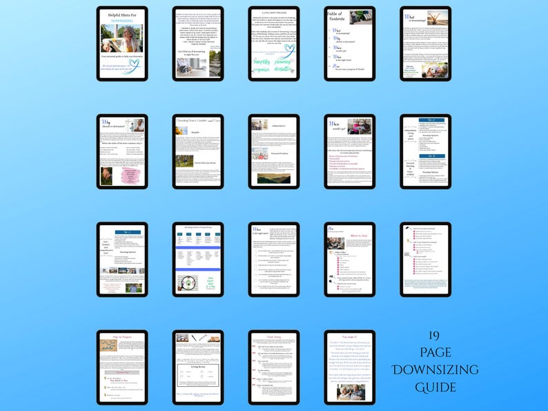 May include: A 19-page digital downsizing guide presented as a grid of individual page previews. Each page features black text on a white background, including various headings, bulleted lists, and small photographic illustrations throughout the document.