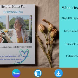 May include: A white document cover titled Helpful Hints For DOWNSIZING with a photograph of a person in a patterned cardigan, the text Your personal guide to help you downsize, and a heart graphic with the text It's not just about downsizing.