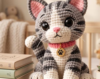 May include: A crocheted gray and white tabby cat plush toy with large black eyes, pink inner ears, and a pink collar featuring a gold circular tag with a black paw print. The cat has dark gray stripes, white paws, and a white chest and muzzle.