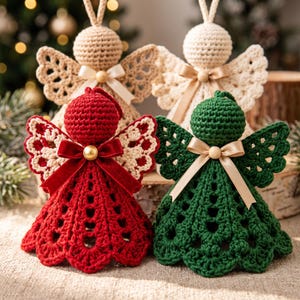 May include: Four crocheted angel ornaments featuring round heads, lacy wings, and flared skirts. Two angels are cream-colored with satin bows, one is deep red with a velvet bow and gold bead, and one is dark green with a satin bow and wooden bead.