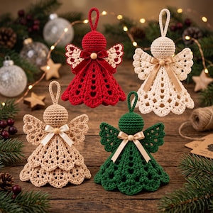 May include: Four crocheted angel ornaments in red, cream, beige, and green. Each angel features a round head, lacy wings, a flared skirt with a scalloped hem, a hanging loop, and a small wooden bead at the neck tied with a matching satin ribbon.