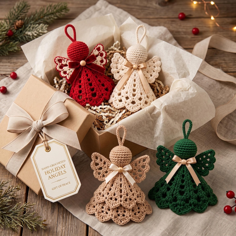 May include: Four hand-crocheted angel ornaments in red, cream, beige, and dark green, each with a satin ribbon bow and hanging loop. Two angels are inside a gift box with tissue paper, and a tag reads: HAND-CROCHETED HOLIDAY ANGELS GIFT OF PEACE.