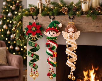 May include: Three crocheted Christmas ornaments hanging from a mantel. The left is a red poinsettia with a green spiral tail. The center is an elf with a red and green striped spiral tail. The right is an angel with a cream and gold spiral tail.