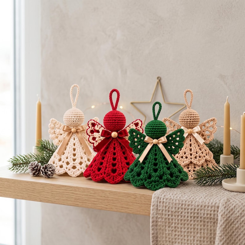 May include: Four crocheted angel ornaments in cream, red, dark green, and light tan. Each angel features a round head, a flared skirt with a lacy pattern, a loop for hanging, and a small satin ribbon bow at the neck. The figures are arranged in a row.